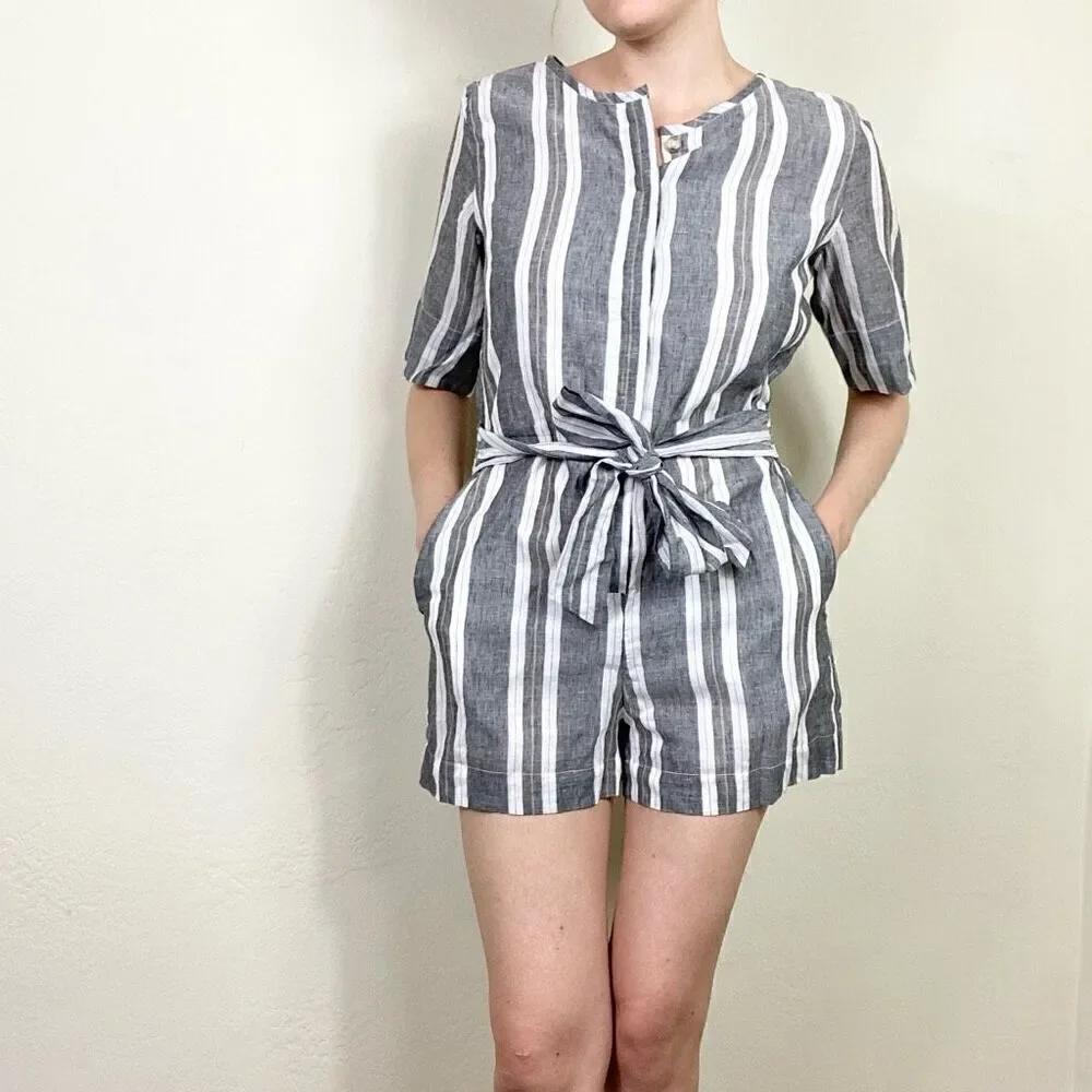 NWT Banana Republic Grey & White Linen Blend Belted Waist Short Romper Playsuit
